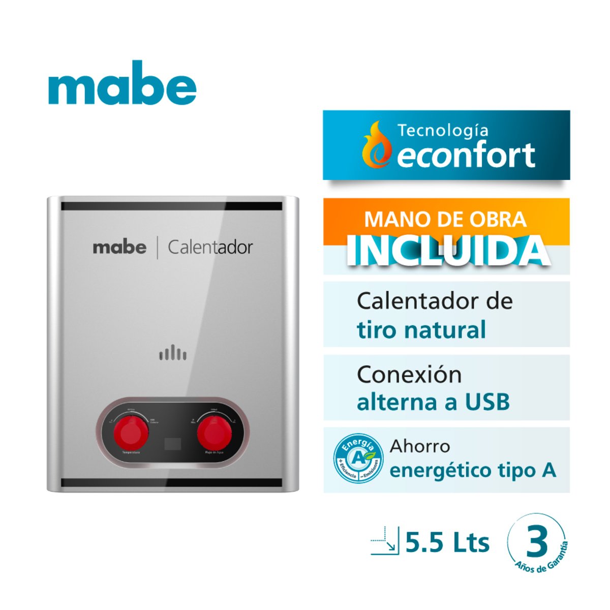 Calentador de paso tiro natural de 5.5 Litros Gris Mabe - CIM06C2SSNA - Imagen 2