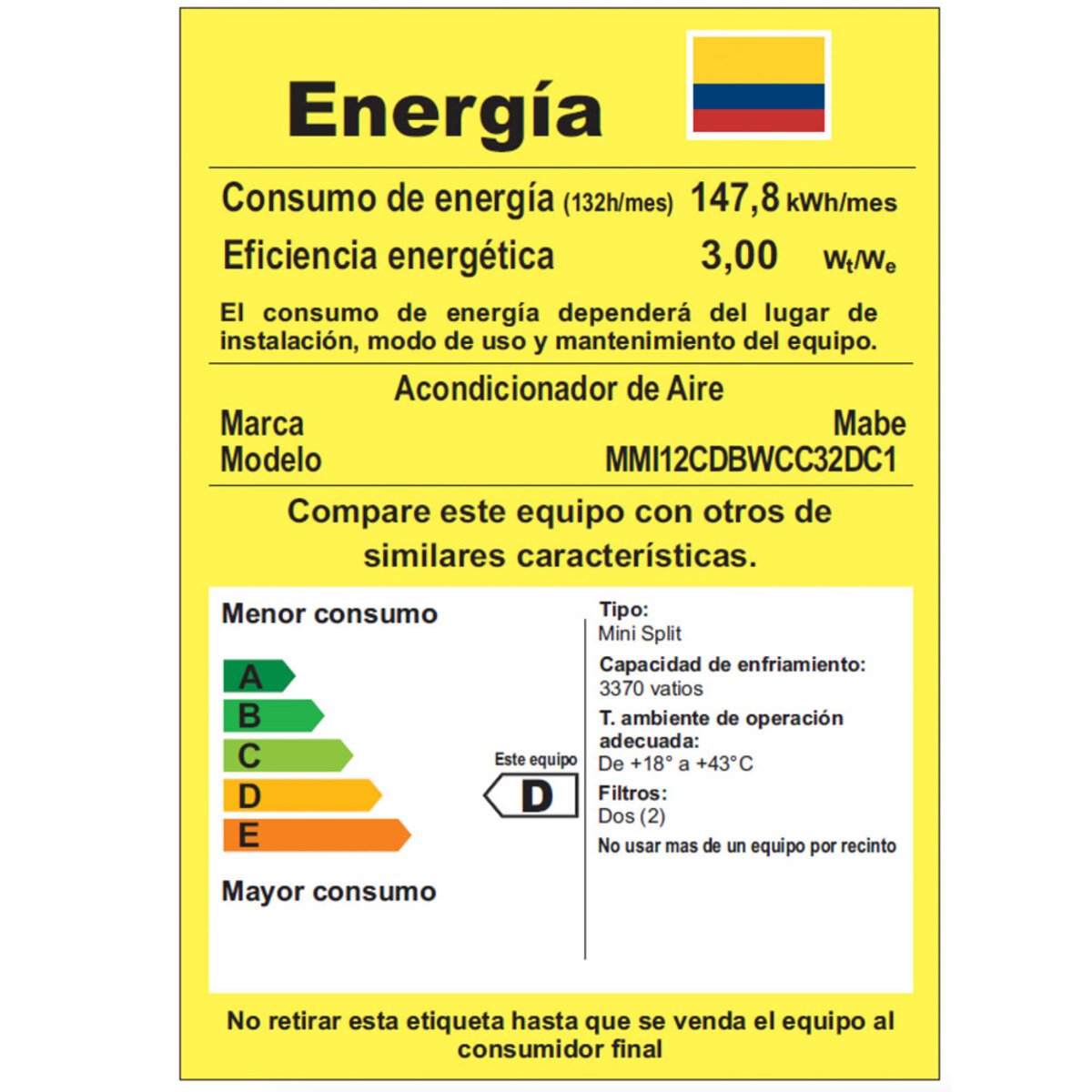 Aire Acondicionado Mabe Inverter 12000 BTU 220V MMI12CDBWCC32DC1 etiqueta de energía